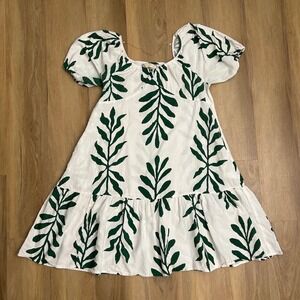 XL Green White Tropical Leaf Print Puff Sleeve Tiered Mini Dress hawaiian resort